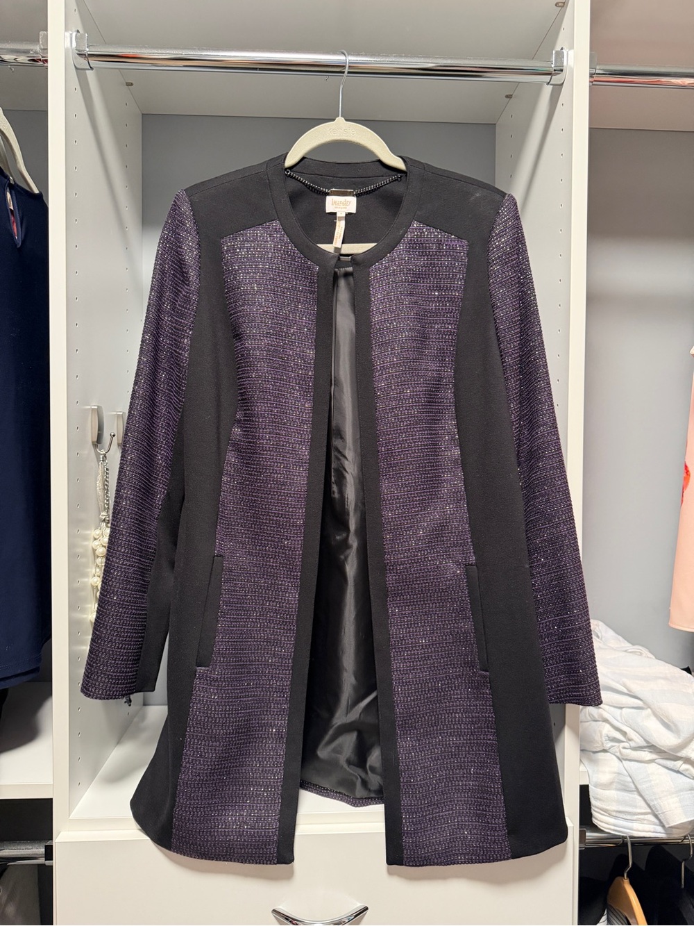 Laundry By Shelli Segal Black and Purple Textured Open-Front Blazer Coat